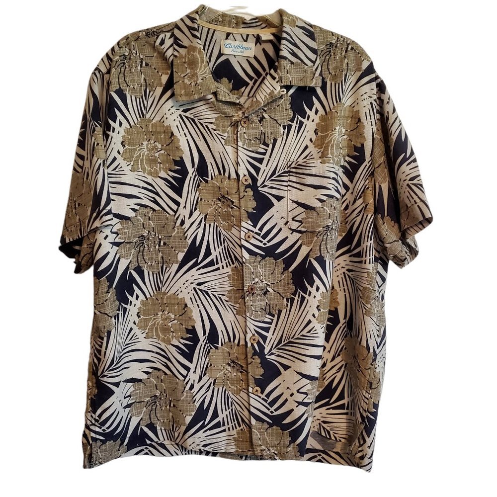Caribbean Pure Silk Hawaiian Coastal Navy and Tan Wood Button Up Shirt XL